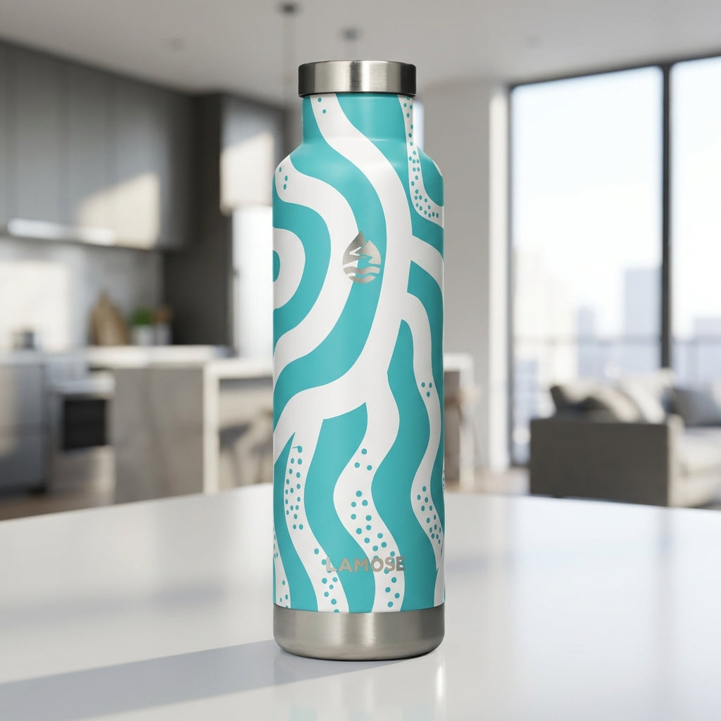 LAMOSE Moraine 27 oz insulated water bottle featuring teal and white abstract ocean wave pattern with silver lid