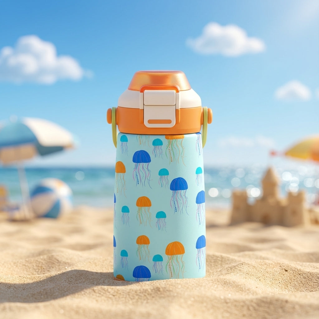 14 oz light blue kids water bottle featuring a pattern of orange and blue jellyfish, with orange lid and green handles, resting on beach sand.
