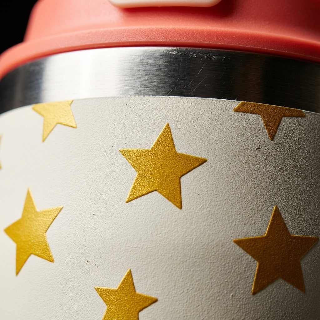 Detail shot - Off-white LAMOSE Bow 16 oz tumbler with gold star pattern and coral lid sitting on a white nightstand in a sunlit child's room.