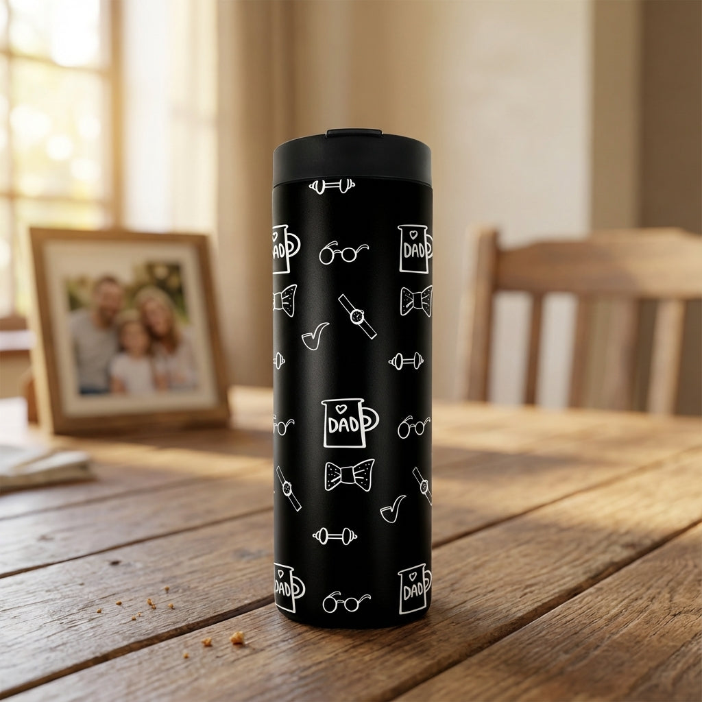 Black Grouse 16 oz insulated tumbler featuring a white pattern of glasses, bow ties, watches, smoking pipes, and dumbbells for Father's Day