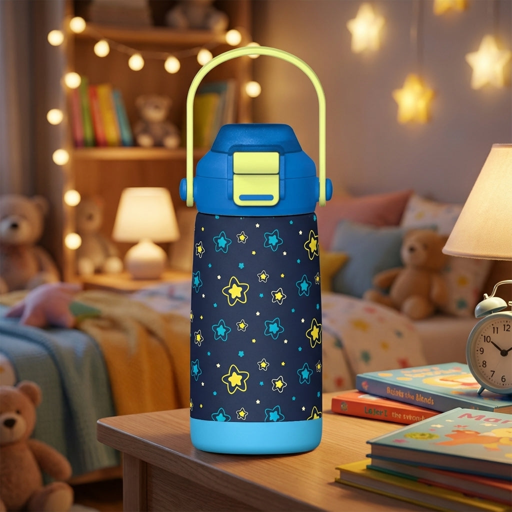 LAMOSE Goose 14oz kids water bottle in navy blue featuring a yellow and blue star pattern, sitting on a bedside table.
