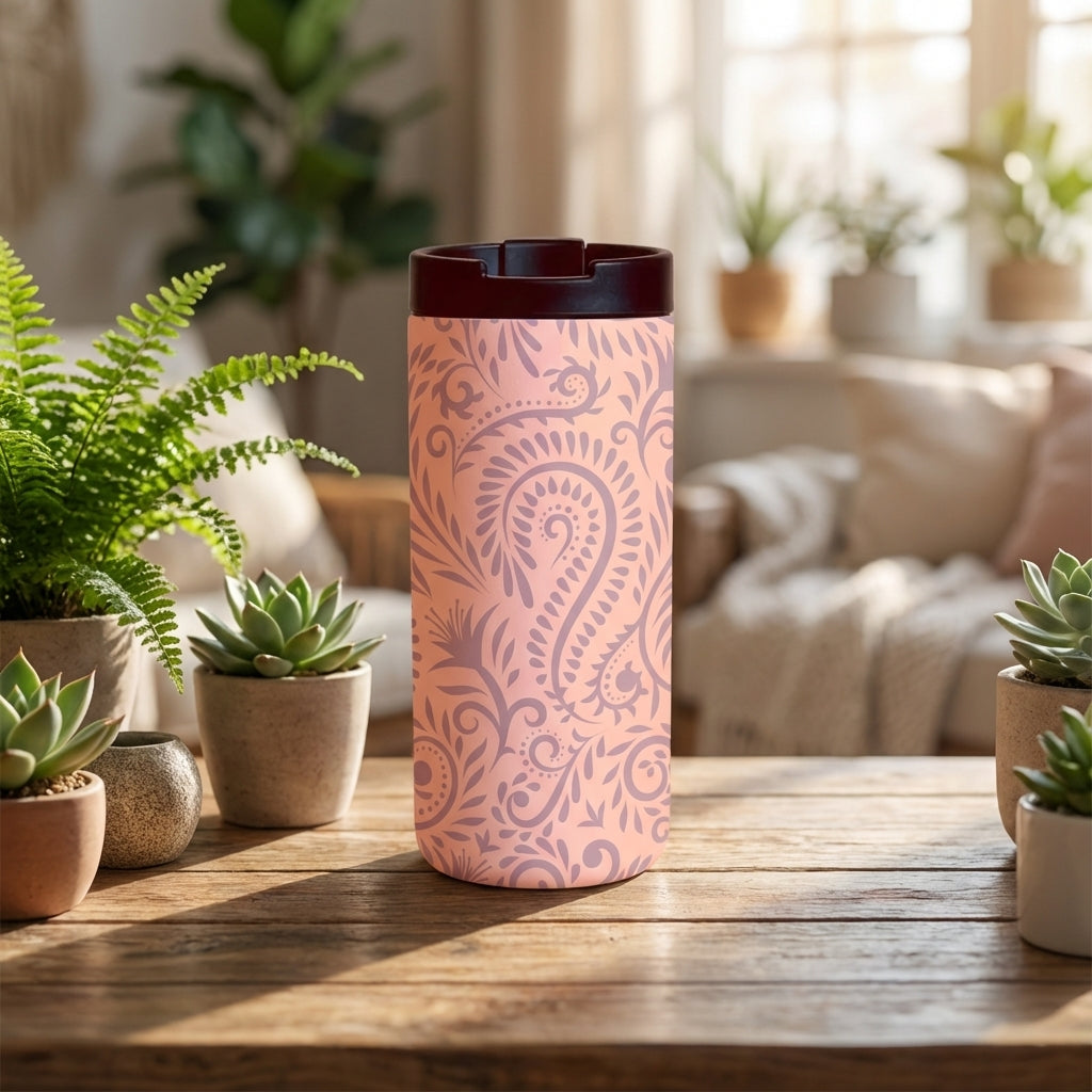 Close-up of LAMOSE Grouse 12oz tumbler featuring an ornate pink paisley floral pattern and dark brown leakproof lid.