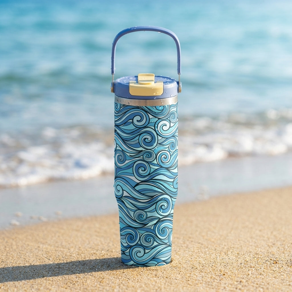 Close-up of Cascade 40 oz tumbler with blue ocean wave pattern and water droplets on a sandy beach.
