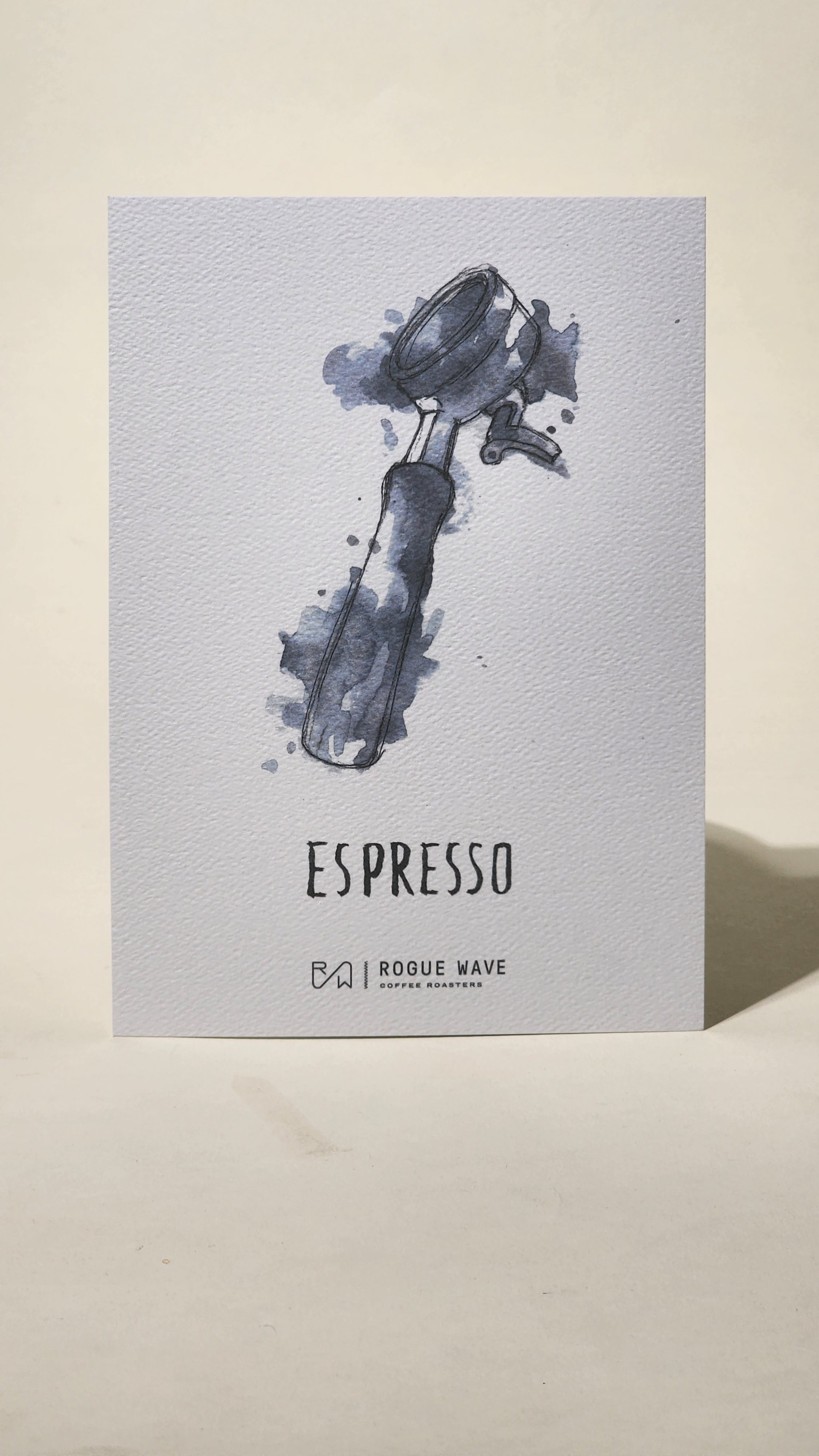 LAMOSE Brew Guides Card. Light grey textured paper with dark blue espresso portafilter watercolor art, plus 'ESPRESSO' and Rogue Wave branding.