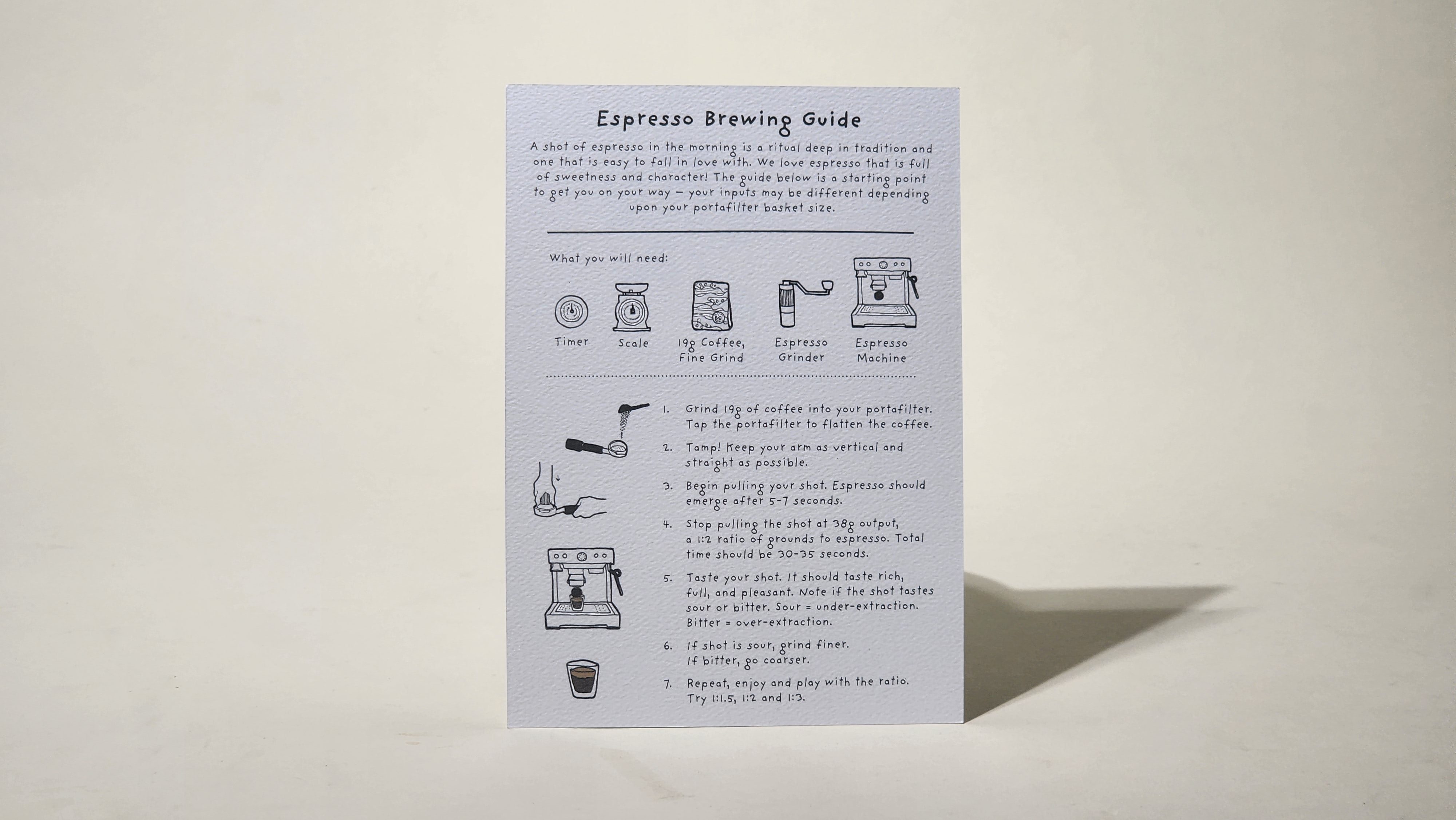 LAMOSE Brew Guides card with espresso brewing instructions, illustrations, and tips on a white textured paper, top-down view.