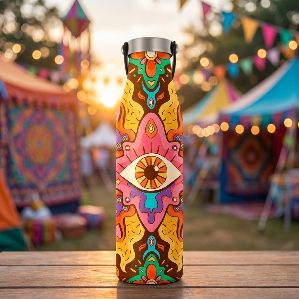Robson 21 oz insulated bottle featuring a vibrant psychedelic pattern with a large central eye, set against a blurred festival sunset background.