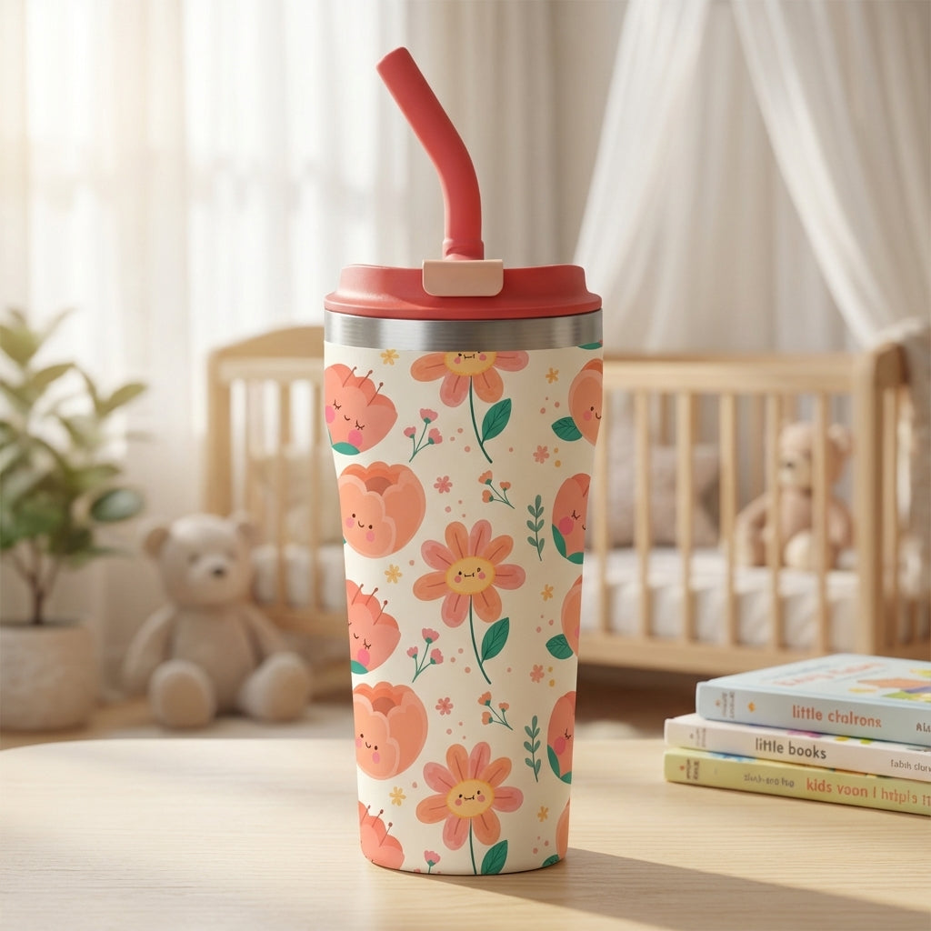 Cream colored 16oz tumbler featuring a pattern of cartoon peaches with happy faces and white daisies, topped with a coral lid and straw.