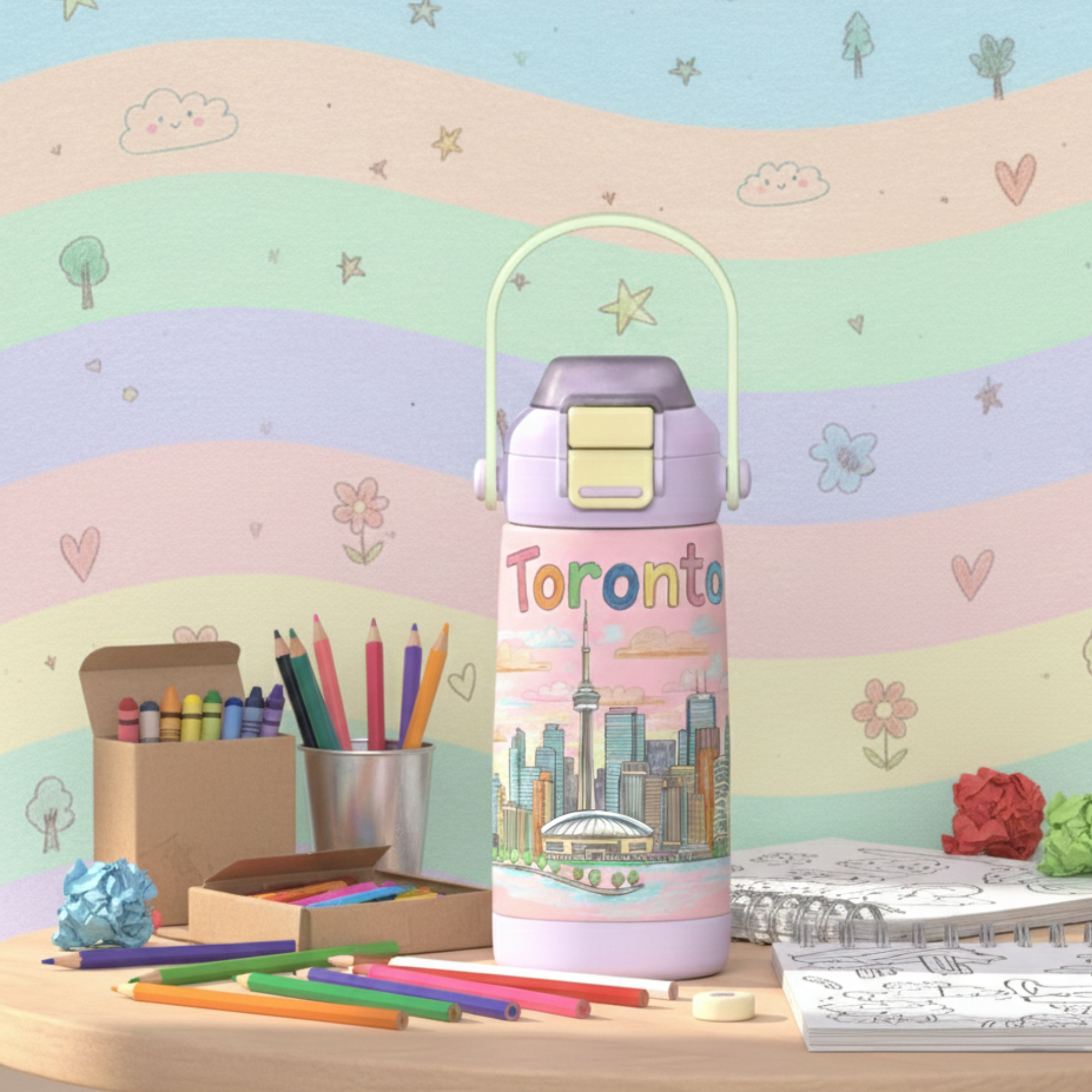 Light pink 14oz kids water bottle featuring Toronto skyline illustration with CN Tower, light purple lid, yellow latch, and green handle.