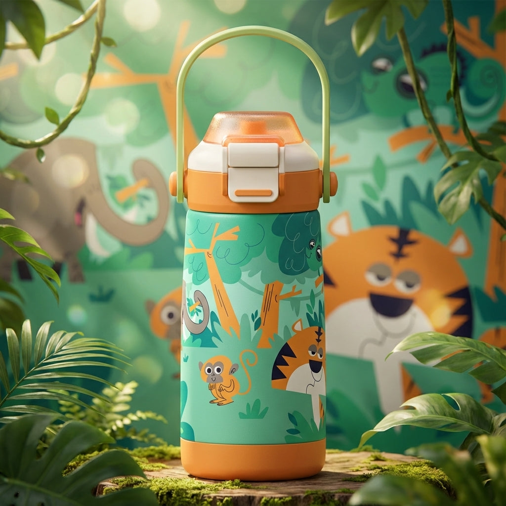 LAMOSE Goose 14oz kids water bottle featuring a vibrant jungle animal pattern with monkeys and tigers, orange base and lid, set against natural green foliage.