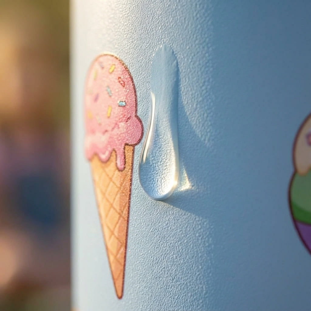 Detail shot - LAMOSE Cascade 40 oz tumbler featuring a light blue background with colorful ice cream cones and sundaes pattern sitting on a picnic blanket.