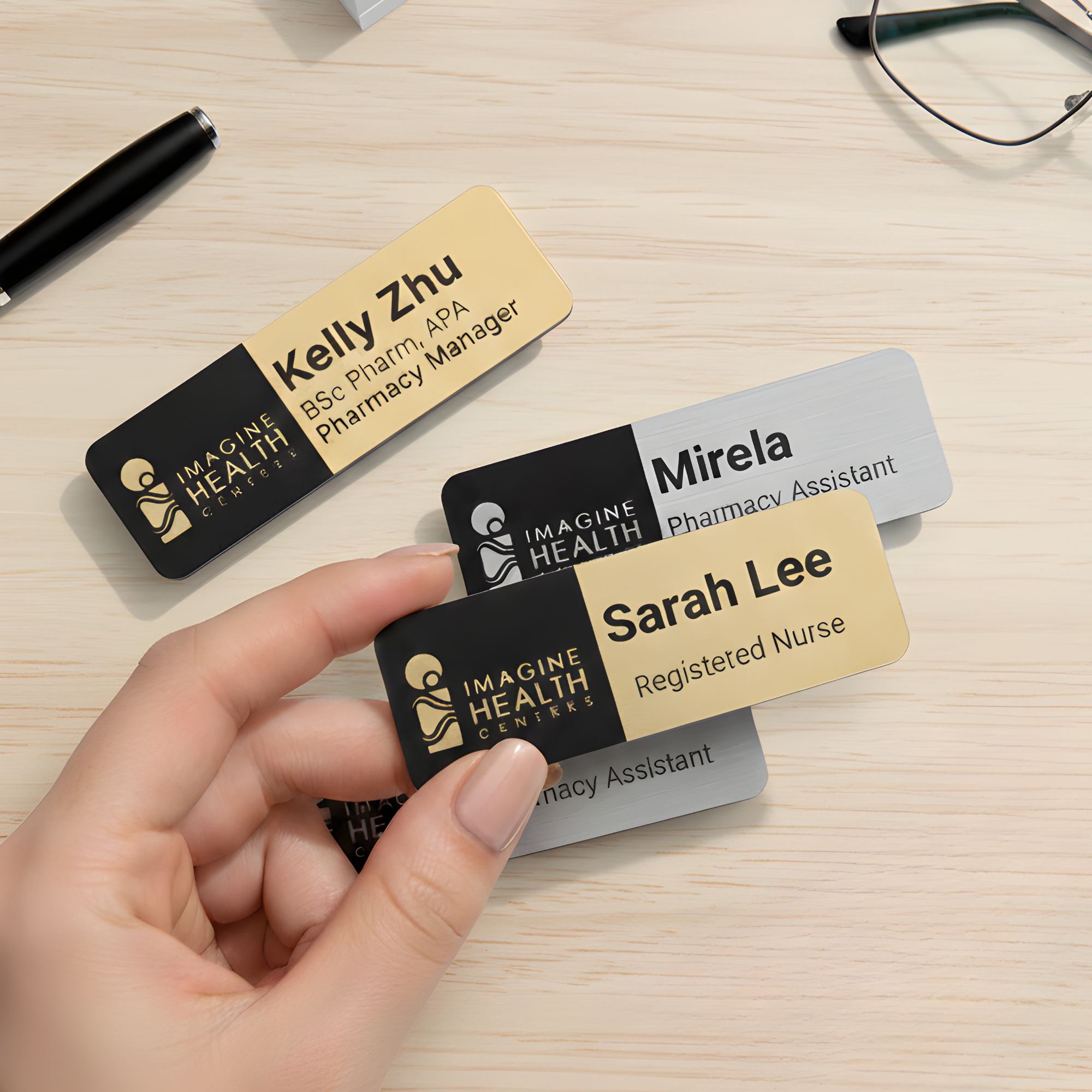 Custom name badge with pin backing option