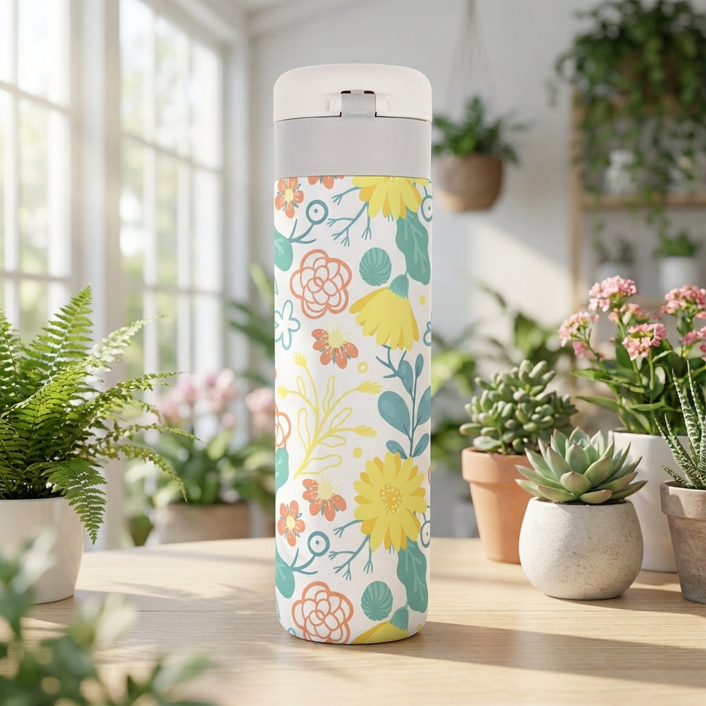 White 16oz travel tumbler featuring yellow, peach, and turquoise floral pattern with gray rim accent standing in natural light.