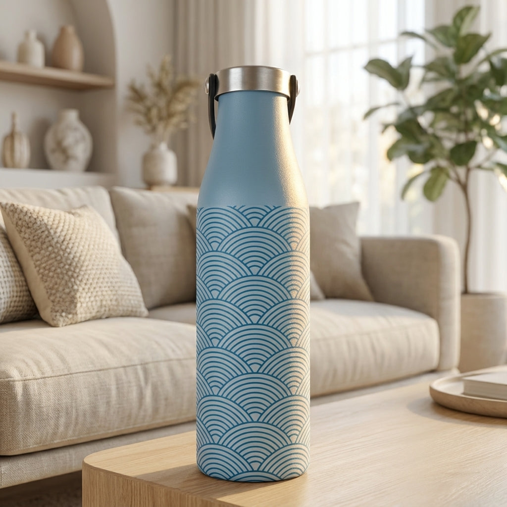 Light blue Robson 21oz insulated water bottle featuring a deep blue concentric semicircle wave pattern, sitting on a wooden table in a sunlit Scandinavian living room.