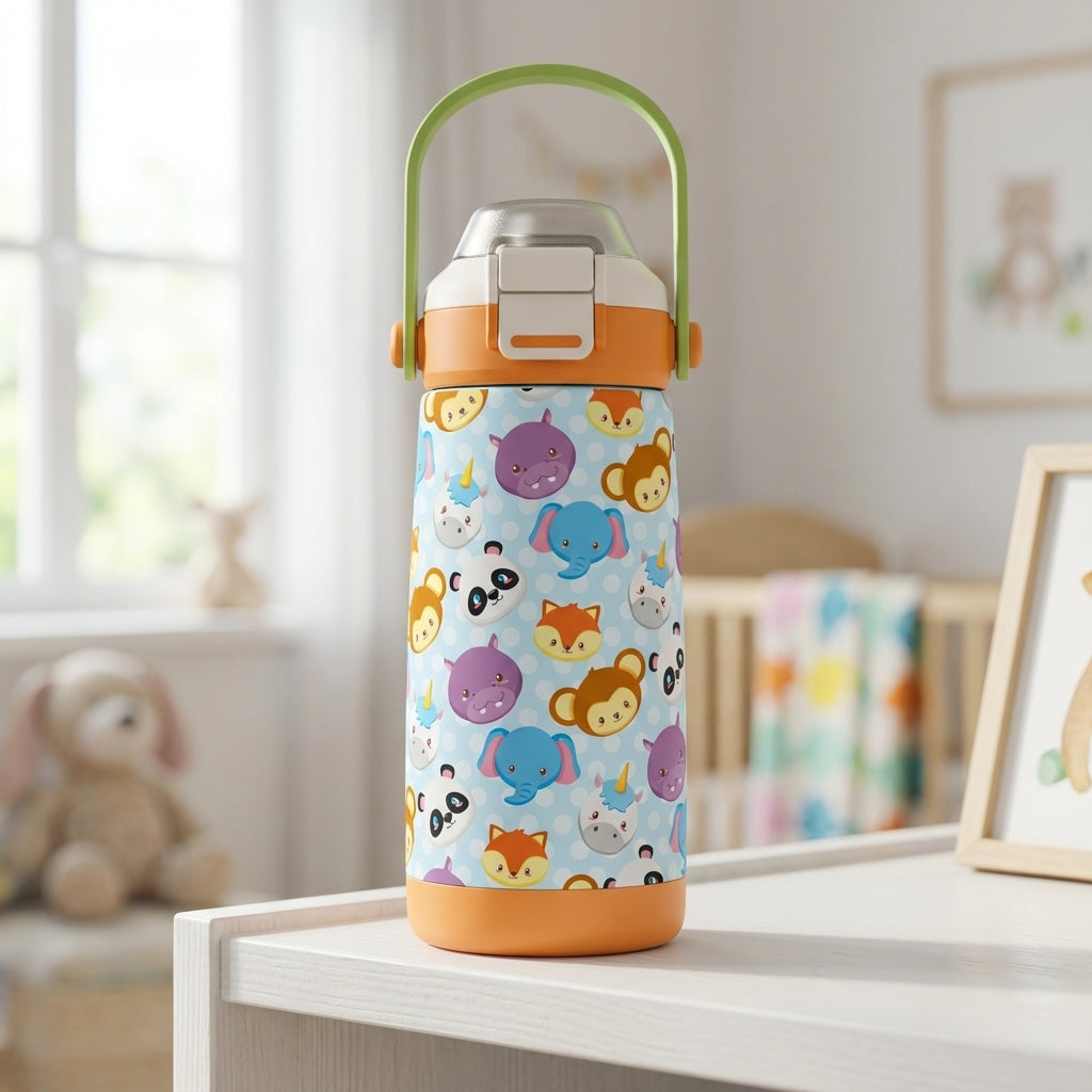 Light blue insulated kids water bottle featuring cartoon monkeys, pandas, and unicorns with an orange lid and green handle on a white nursery dresser.