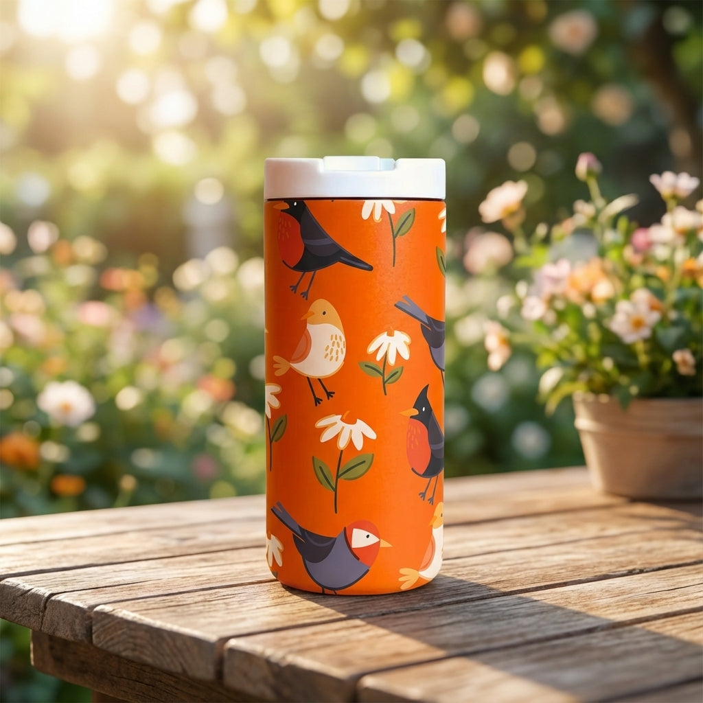 Grouse 12oz orange insulated tumbler featuring colorful bird illustrations and white daisies against a blurred garden background