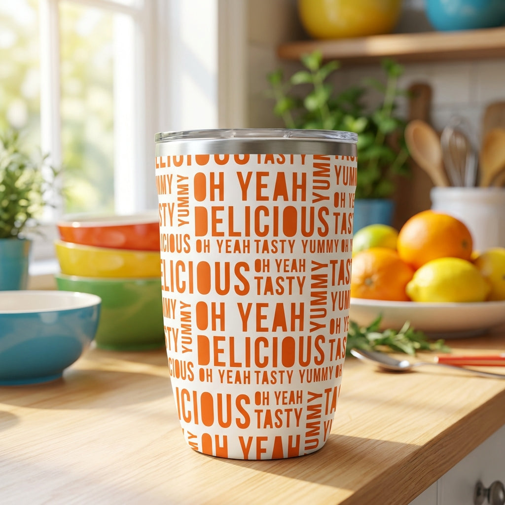 White LAMOSE Peyto 12oz mug with orange text pattern reading DELICIOUS TASTY YUMMY sitting on a sunlit wooden kitchen counter with fresh fruit.