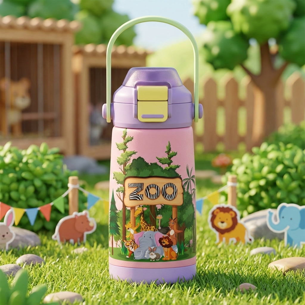 Pink and purple Goose 14oz kids water bottle featuring a cartoon zoo scene with a lion, elephant, and giraffe under a wooden ZOO sign.