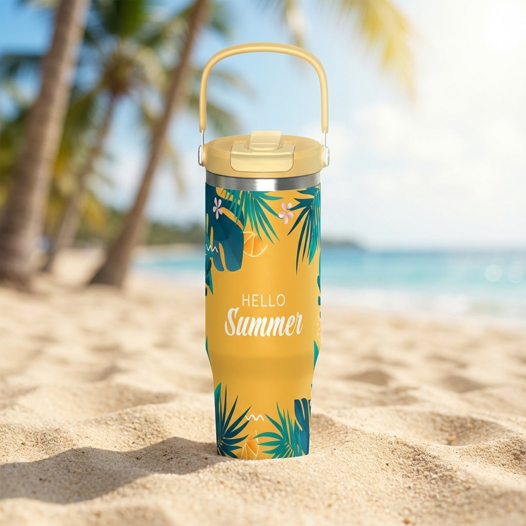 Yellow 40 oz Cascade tumbler sitting on white sand beach featuring Hello Summer text, tropical leaves, orange fruit segments, and pink flowers.