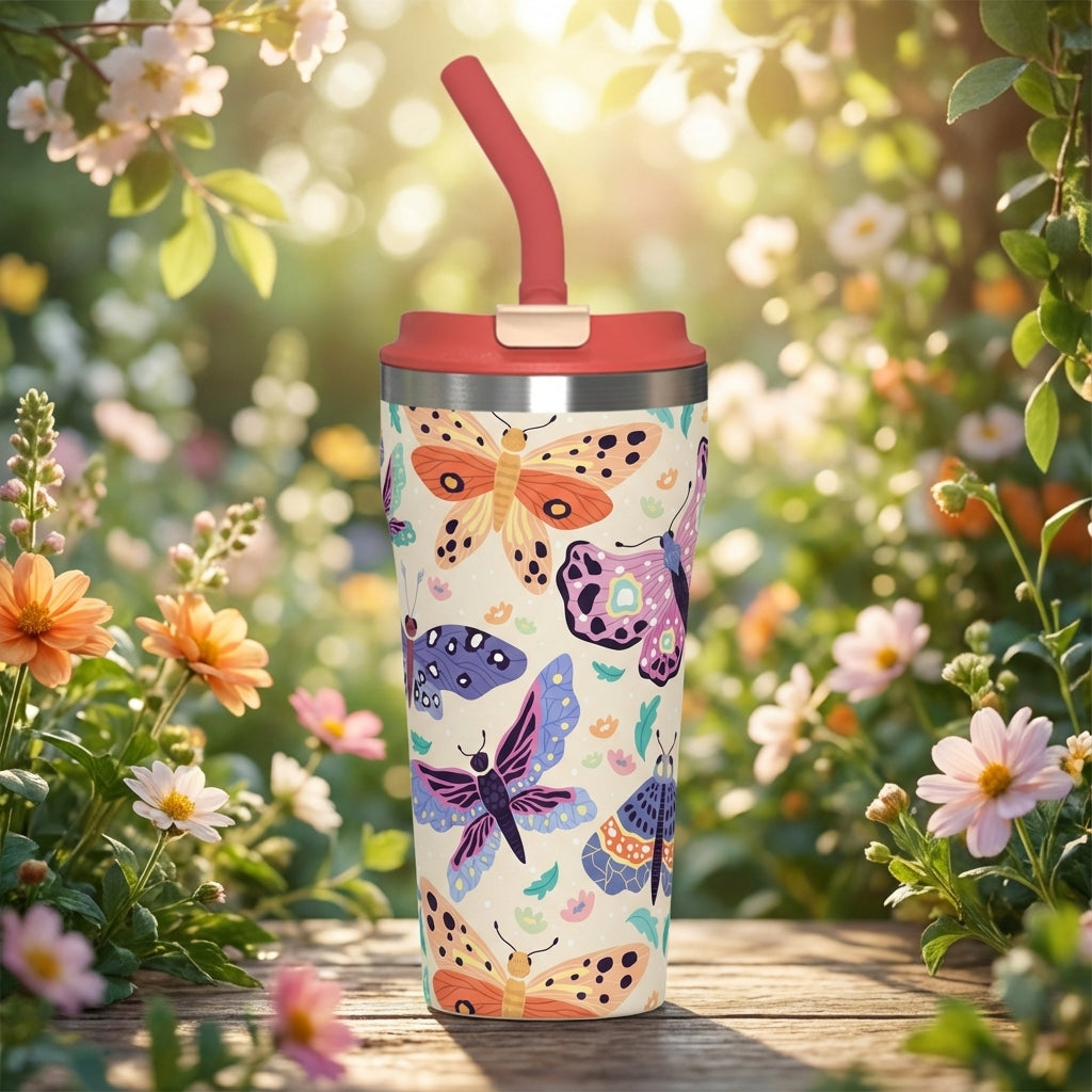 16oz cream stainless steel tumbler featuring a vibrant orange, purple, and teal butterfly pattern with a coral lid and straw standing on a wooden surface.