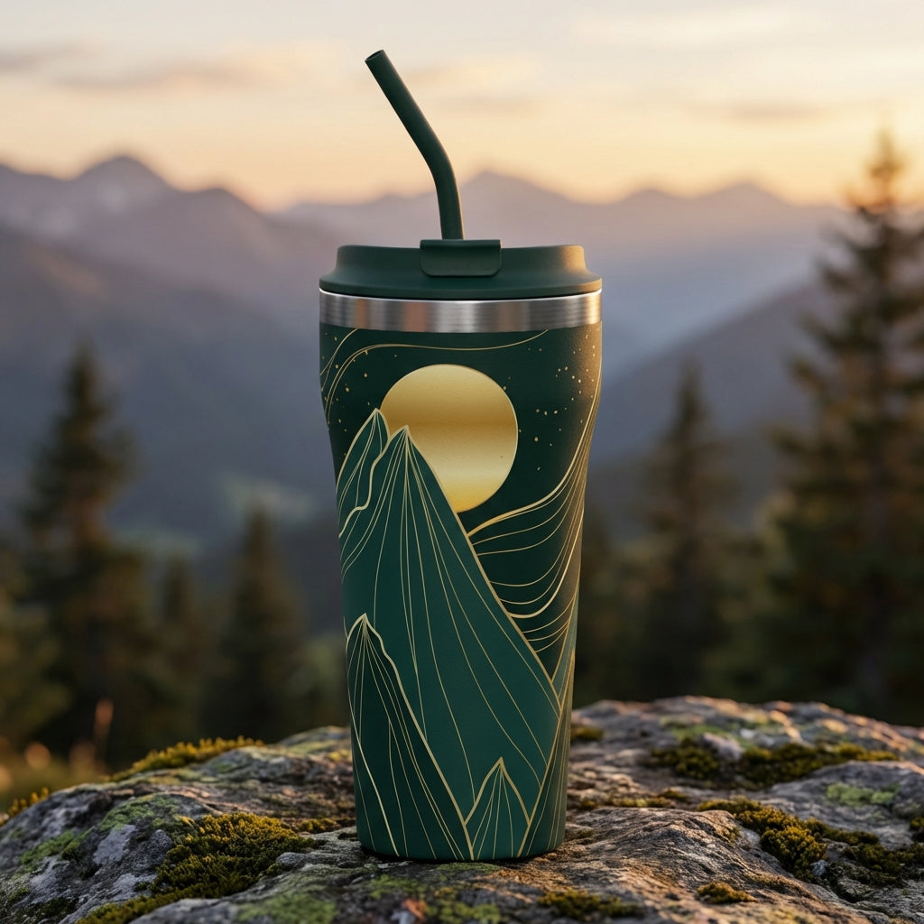 Dark green 16oz tumbler with golden mountain range and moon engraving standing on a rocky surface