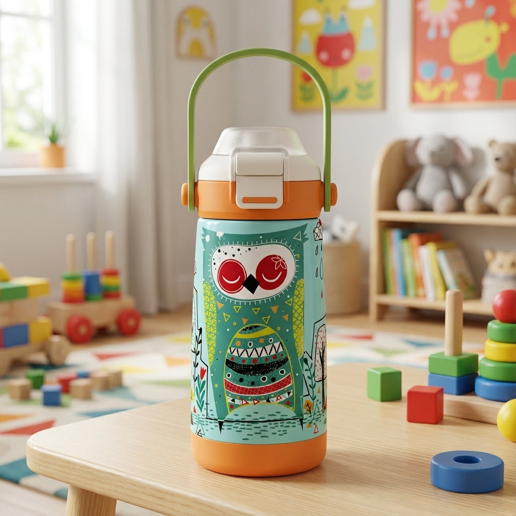 LAMOSE Goose 14oz kids water bottle with orange base featuring cartoon owl, stylized trees, and colorful abstract shapes on a light blue-green background.