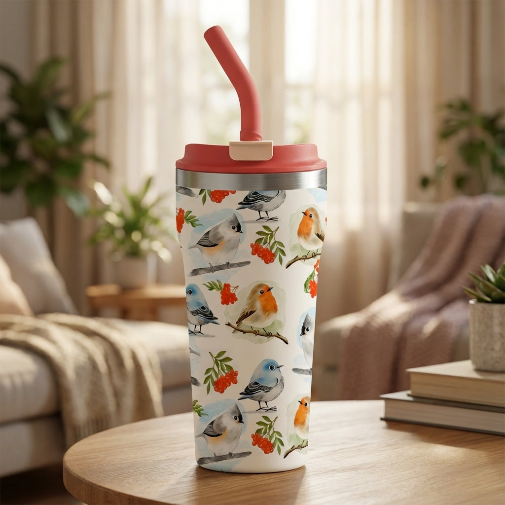 White 16oz stainless steel tumbler with coral lid and straw, featuring watercolor illustrations of blue and orange songbirds on rowan berry branches.