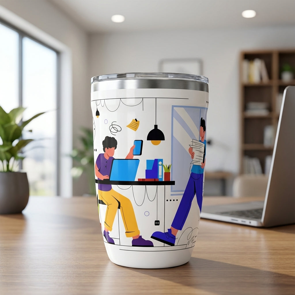 White Peyto 12oz mug featuring cartoon illustrations of office workers, laptops, and floating papers in yellow, purple, and blue flat design style.