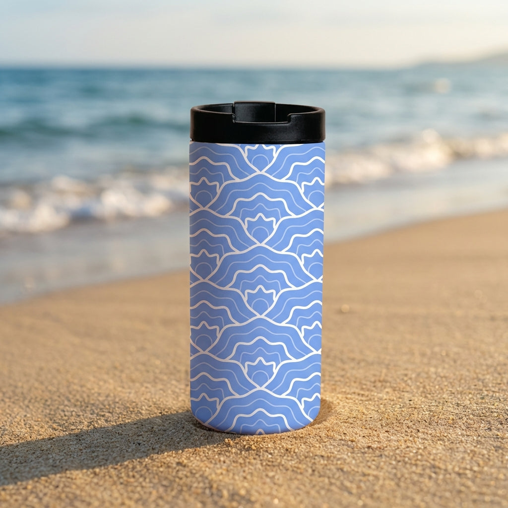 Light blue 12oz insulated tumbler featuring a repeating white stylized wave and floral pattern with a black leakproof lid.