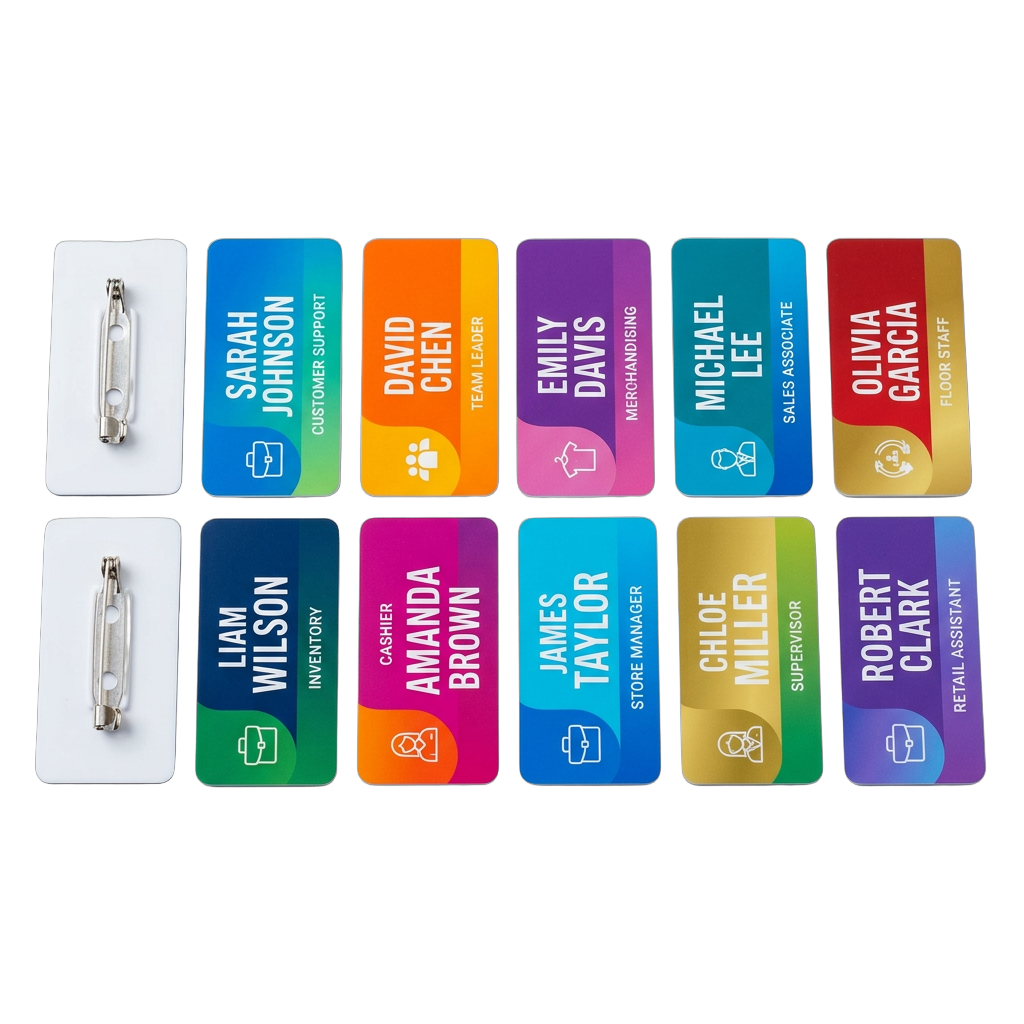 Custom Color Name Tags — Retail & Boutique | Full-Color Printed Badges, Pin/Magnet, MOQ 12 | Bulk Staff Order