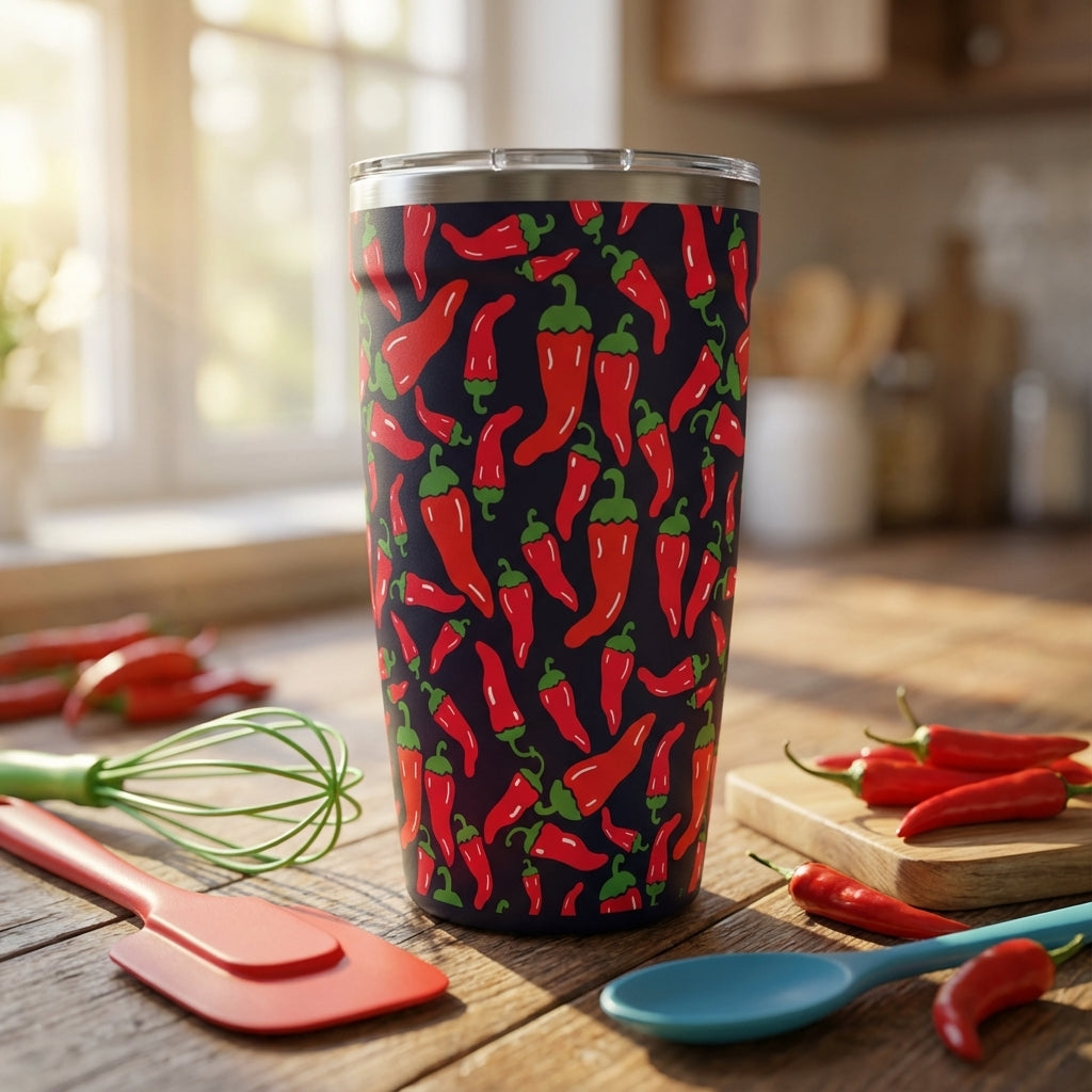 Peyto 16oz insulated tumbler featuring a pattern of red chili peppers on a dark background, sitting on a wooden table with kitchen utensils.