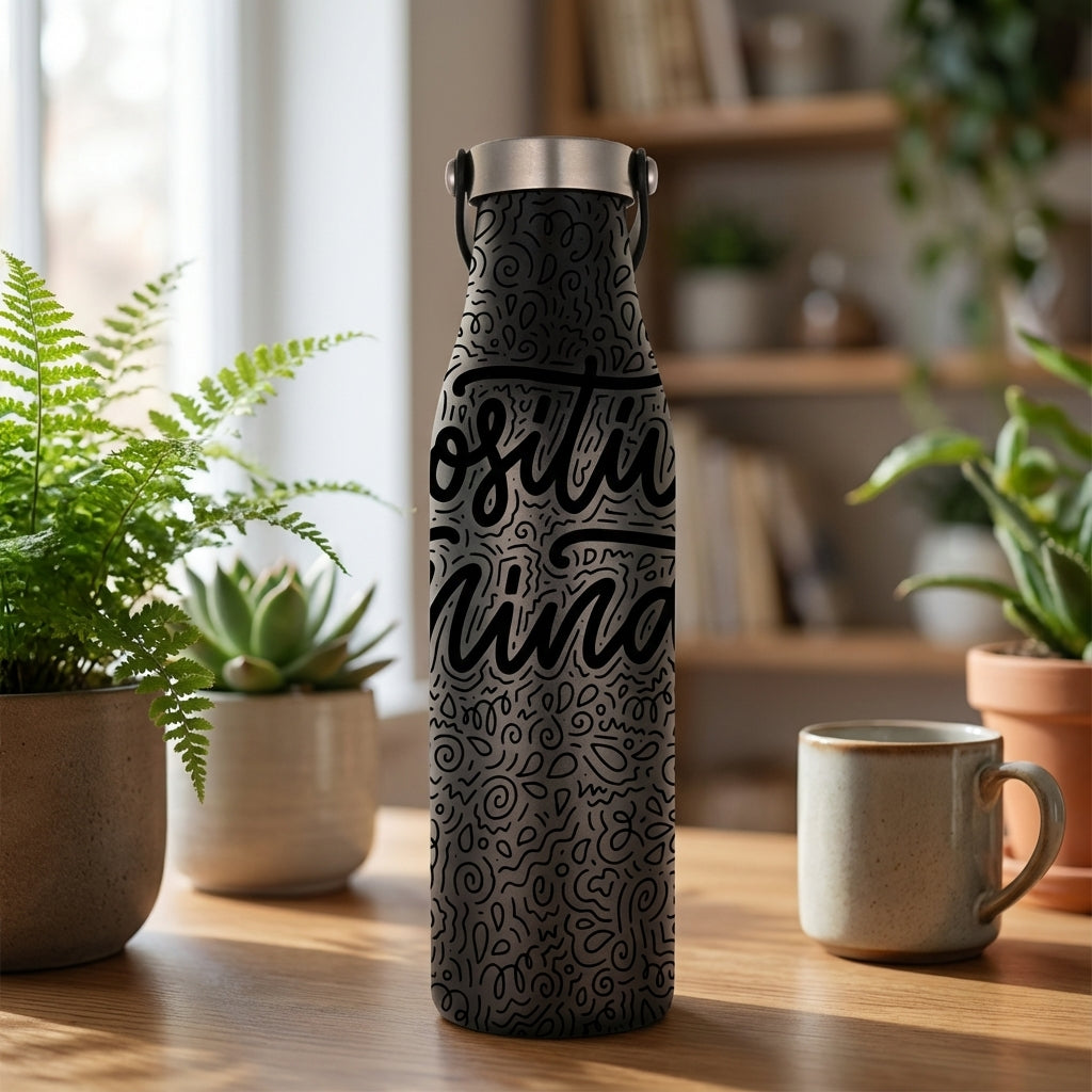 LAMOSE Robson 21 oz silver water bottle featuring 'Positive Thinking' text over abstract black line art swirls, sitting on a wooden desk with plants and natural light.