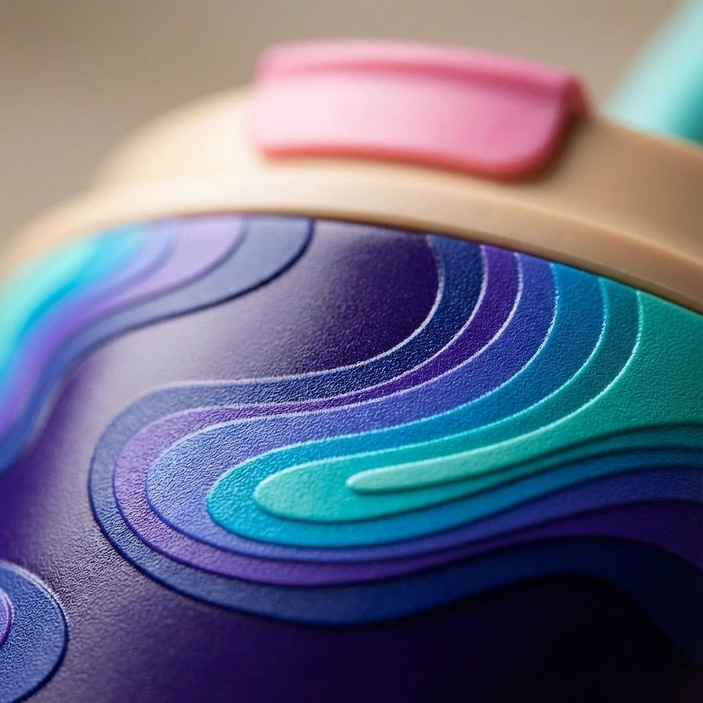 Detail shot - LAMOSE Bow 16oz tumbler featuring abstract topographic layers in deep purple, vibrant blue, and teal with a light tan lid and turquoise straw.