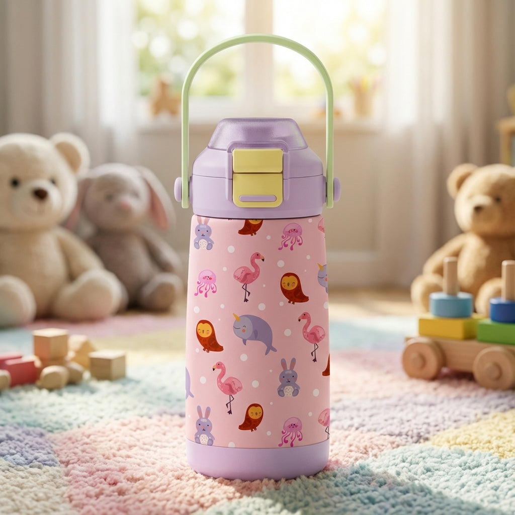 Pink LAMOSE Goose 14oz kids water bottle featuring a pattern of flamingos, owls, rabbits, and narwhals with a purple lid and green handle.