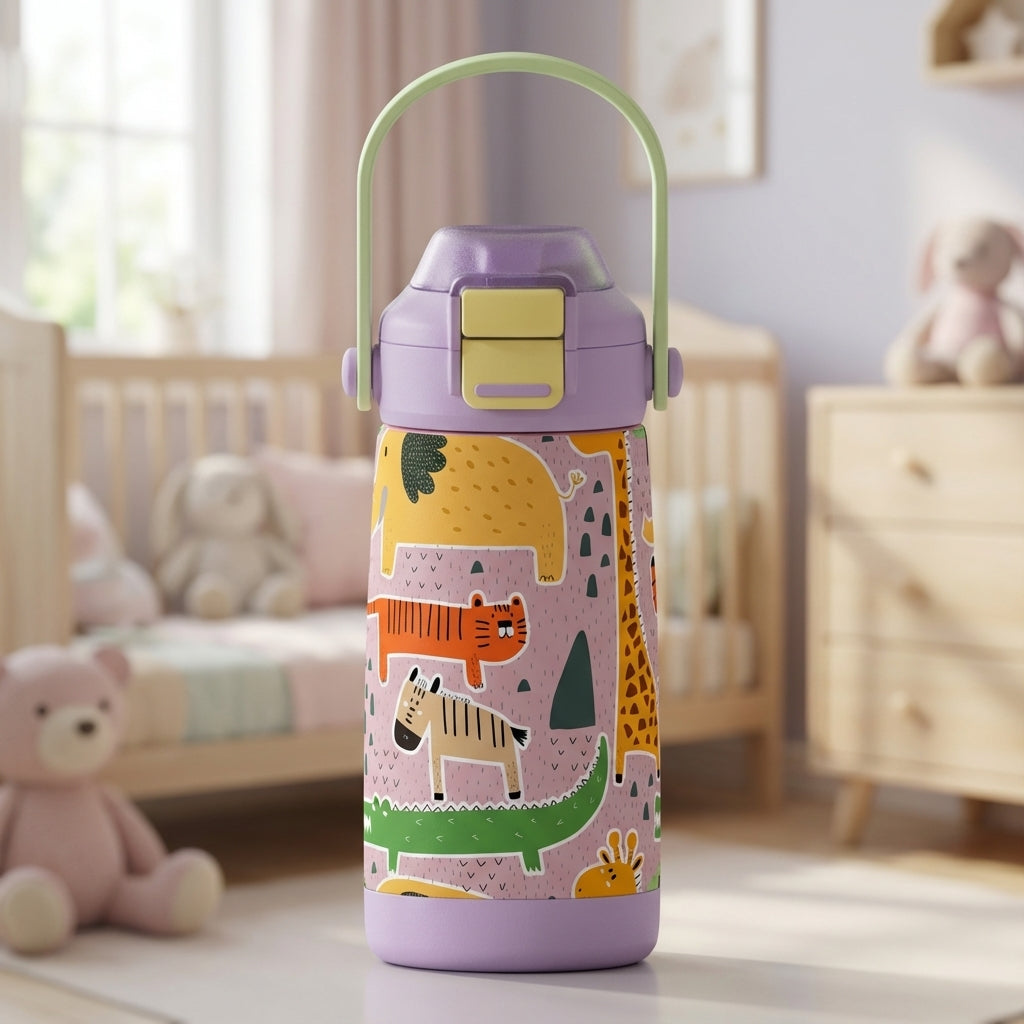 LAMOSE Goose 14 oz kids water bottle in light purple featuring cartoon safari animals like elephants, tigers, and giraffes with a pastel green handle.