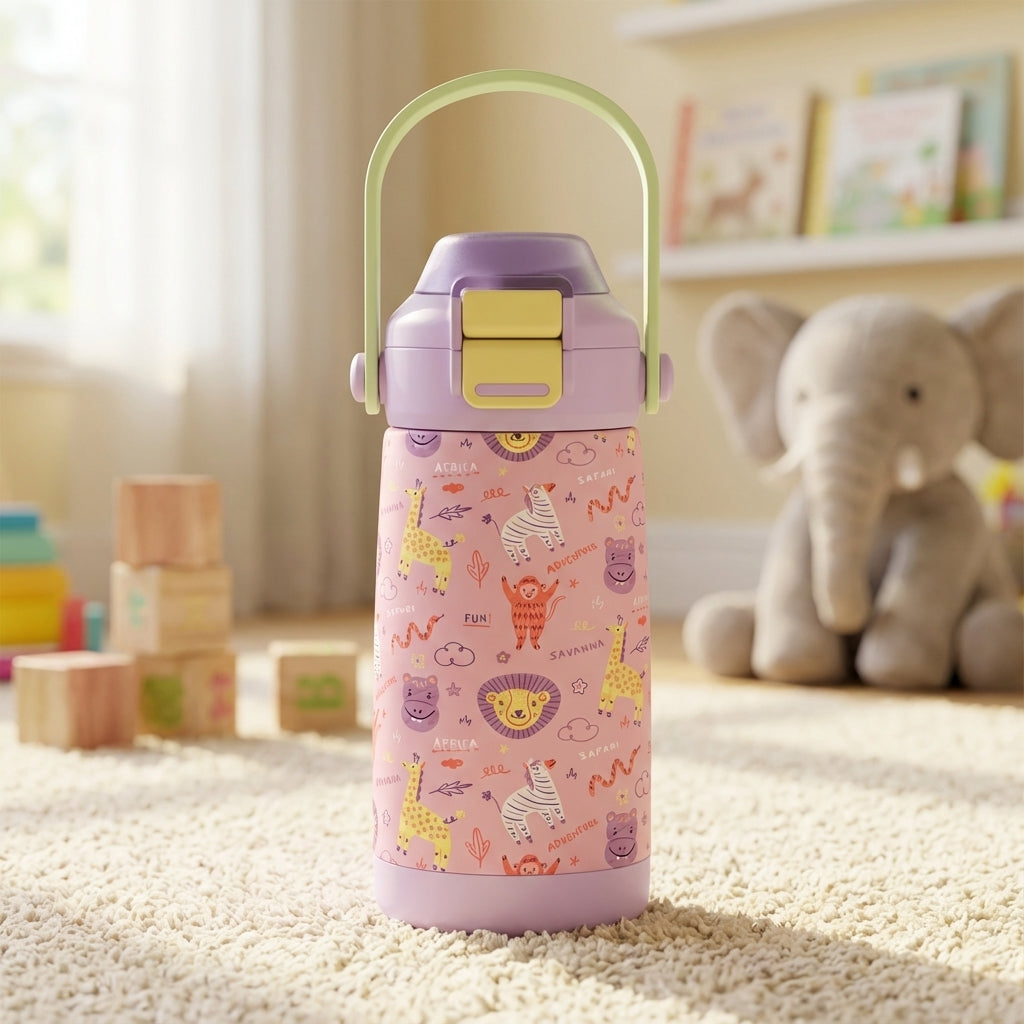 LAMOSE Goose 14oz kids water bottle featuring pink safari animal print with lions and zebras, lavender lid and green handle, sitting among wooden blocks.