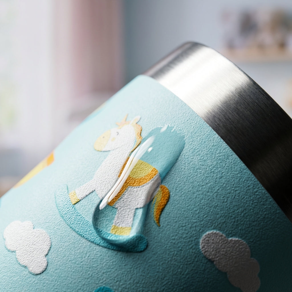 Detail shot - Light blue 16oz insulated tumbler featuring baby nursery illustrations like rocking horses and stars with a mint green straw