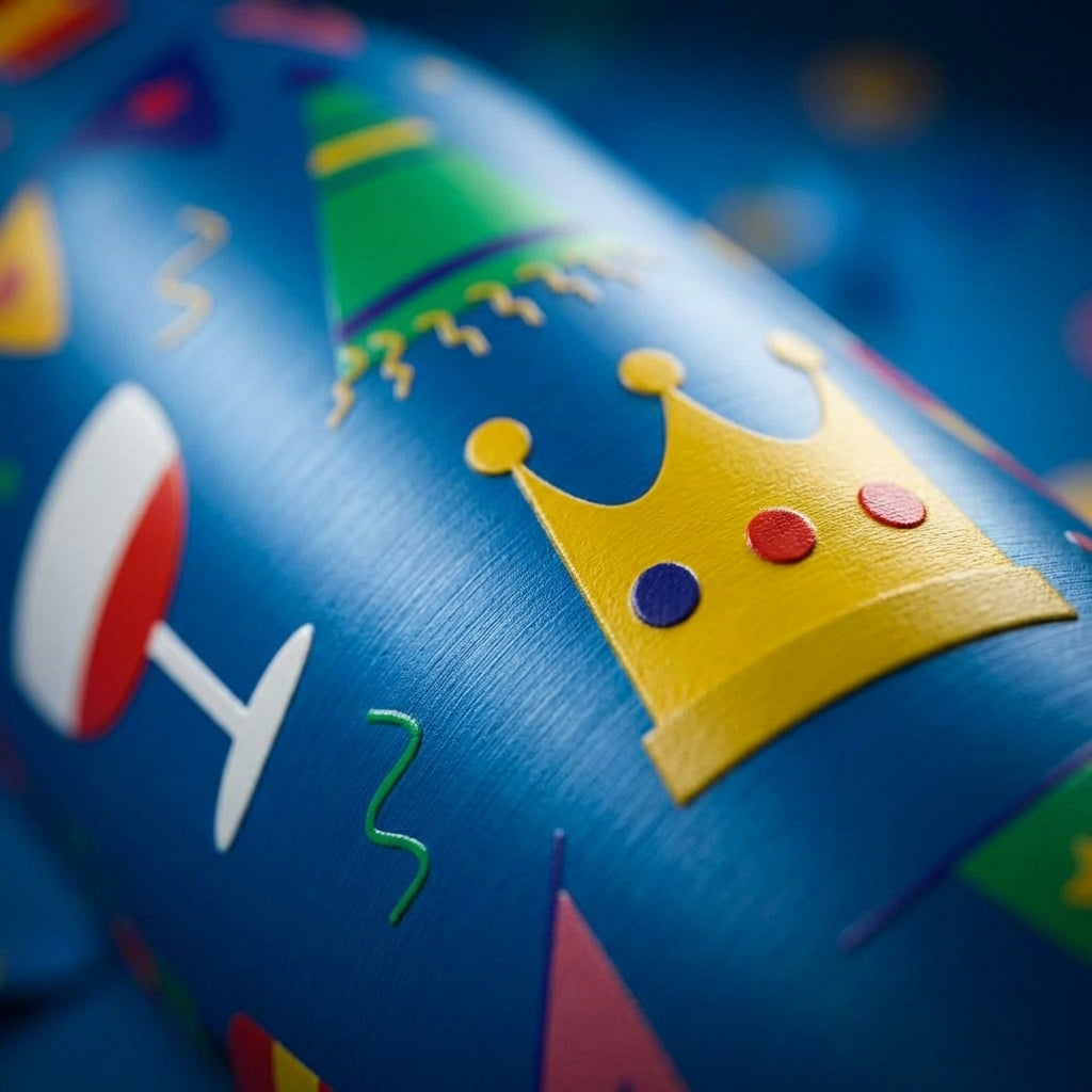 Detail shot - Robson 21 oz blue insulated bottle featuring a festive pattern of party hats, crowns, wine glasses, and flags on a white surface.