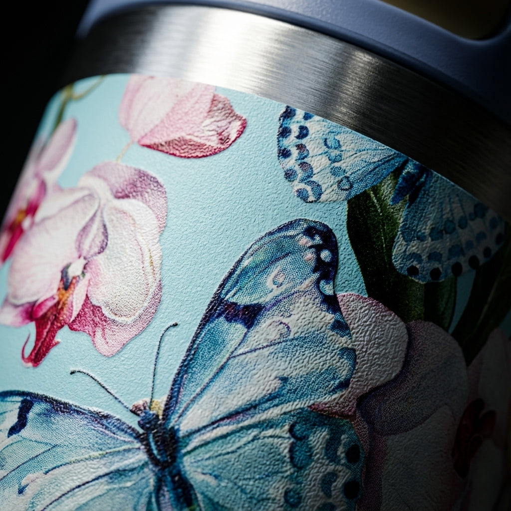 Detail shot - LAMOSE Cascade 40oz tumbler with light blue handle featuring a pattern of blue butterflies and pink flowers against a sky blue background.