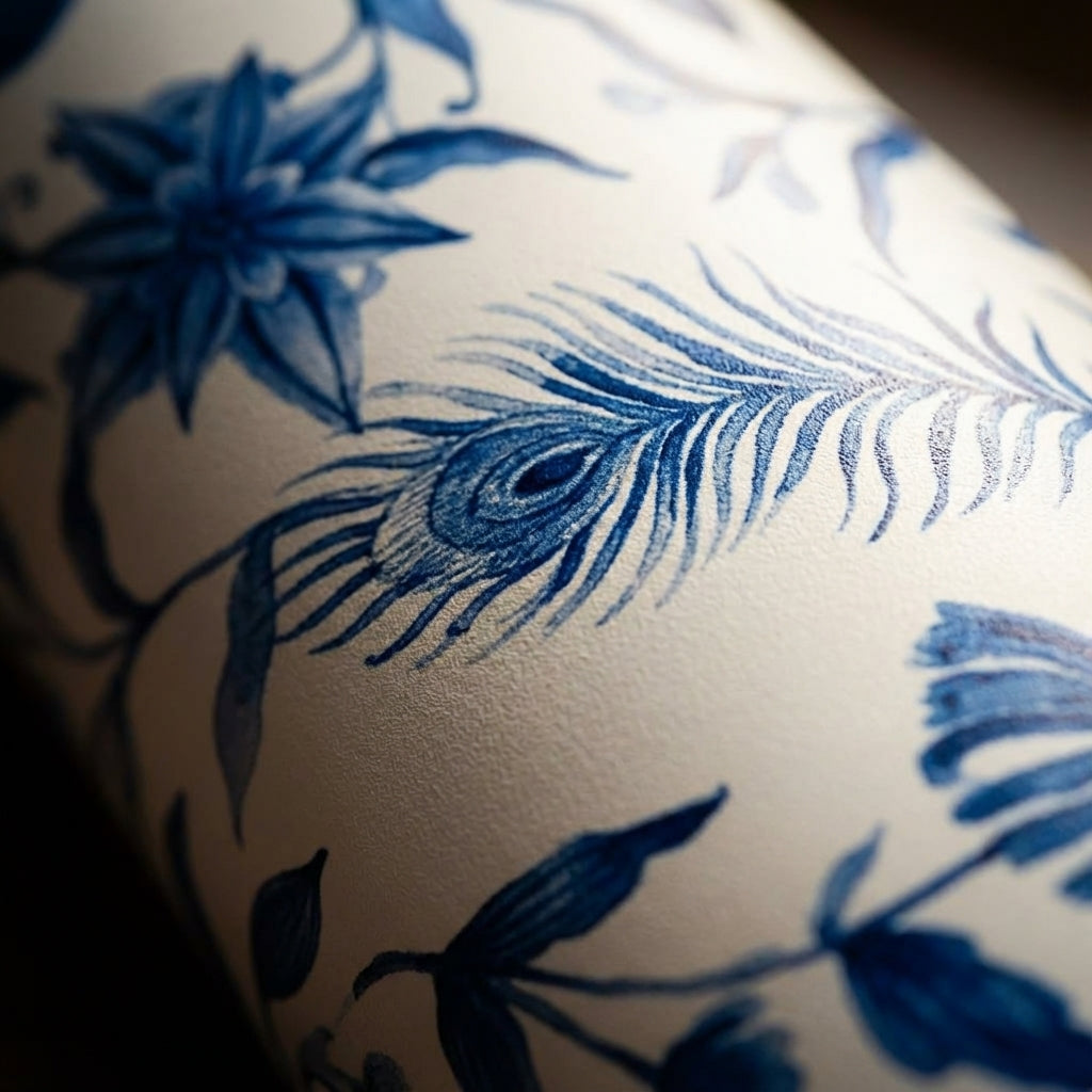 Detail shot - White 16 oz travel tumbler featuring intricate blue floral patterns, leaves, and peacock feathers with a spill-proof lid
