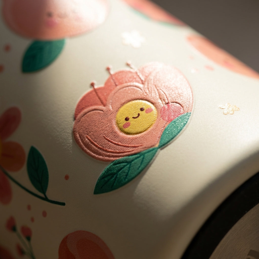 Detail shot - LAMOSE Bow 16 oz stainless steel tumbler featuring a cream background with smiling peach flower buds, green stems, and a coral straw.