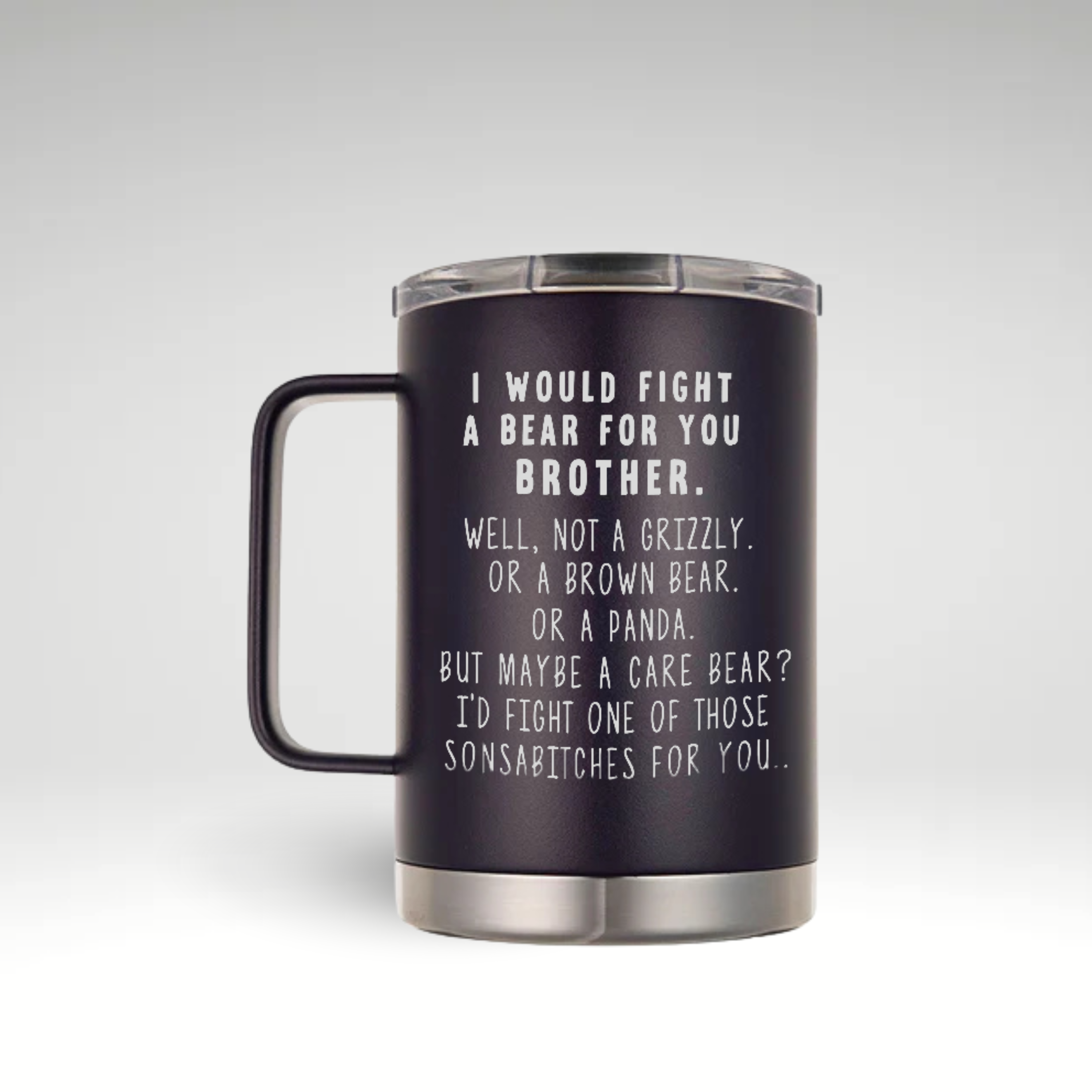 LAMOSE dark purple stainless steel insulated mug, front view, with handle and lid, featuring a funny 'I would fight a bear for you' quote.