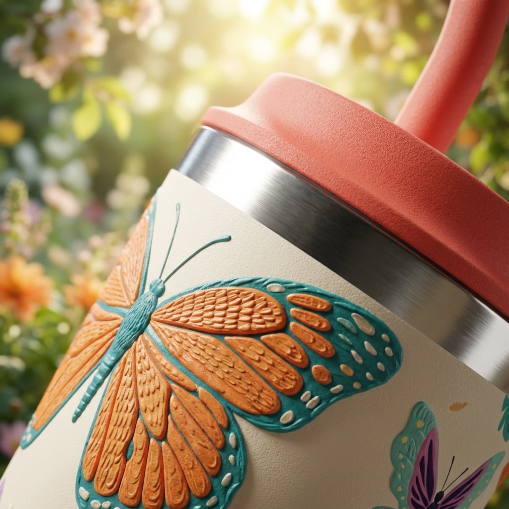 Detail shot - 16oz cream stainless steel tumbler featuring a vibrant orange, purple, and teal butterfly pattern with a coral lid and straw standing on a wooden surface.