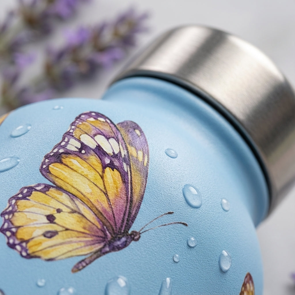 Detail shot - Light blue LAMOSE Robson 21oz water bottle featuring colorful watercolor butterfly illustrations and artistic water droplets.
