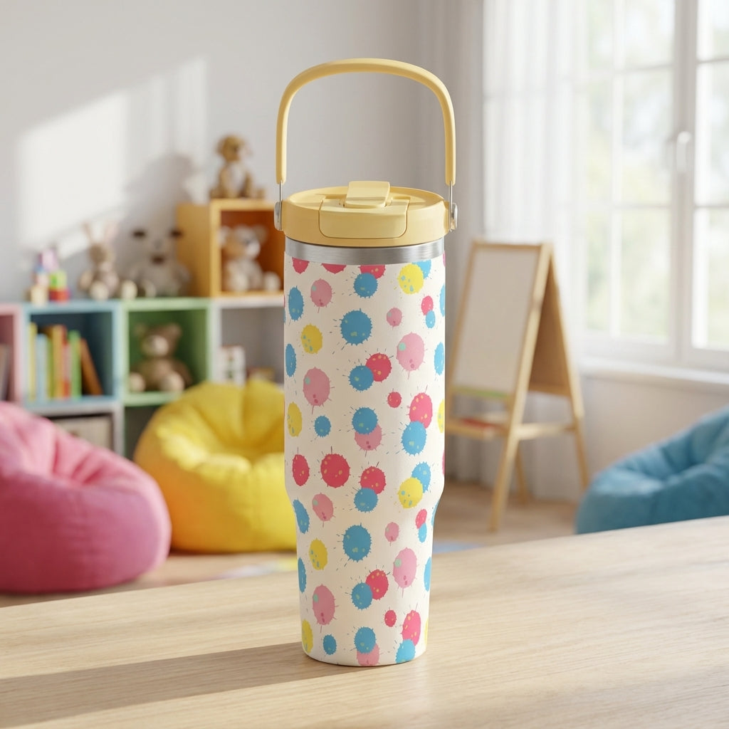 Cream colored 40 oz insulated tumbler with colorful paint splatter confetti pattern and yellow handle standing on a wooden surface.