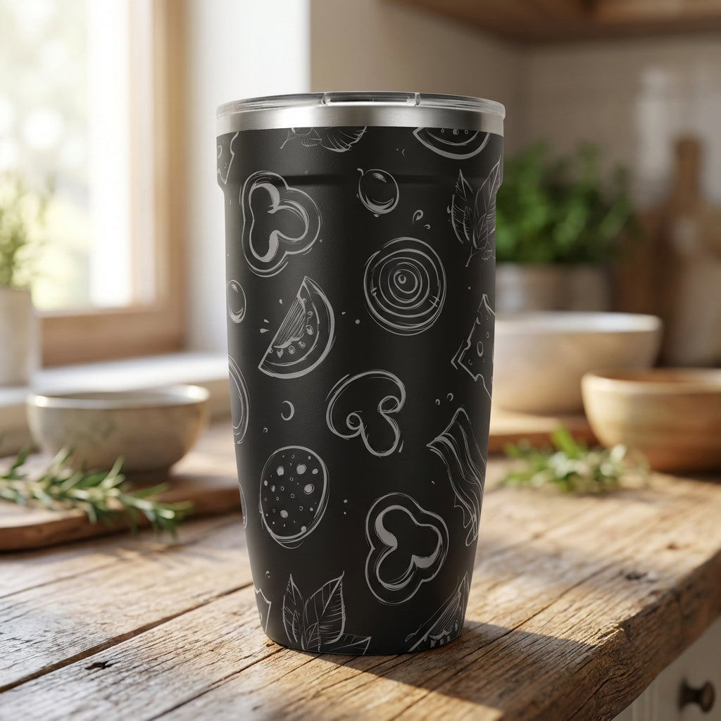Matte black Peyto 16oz tumbler featuring white line drawings of peppers, mushrooms, and herbs sitting on a kitchen counter.