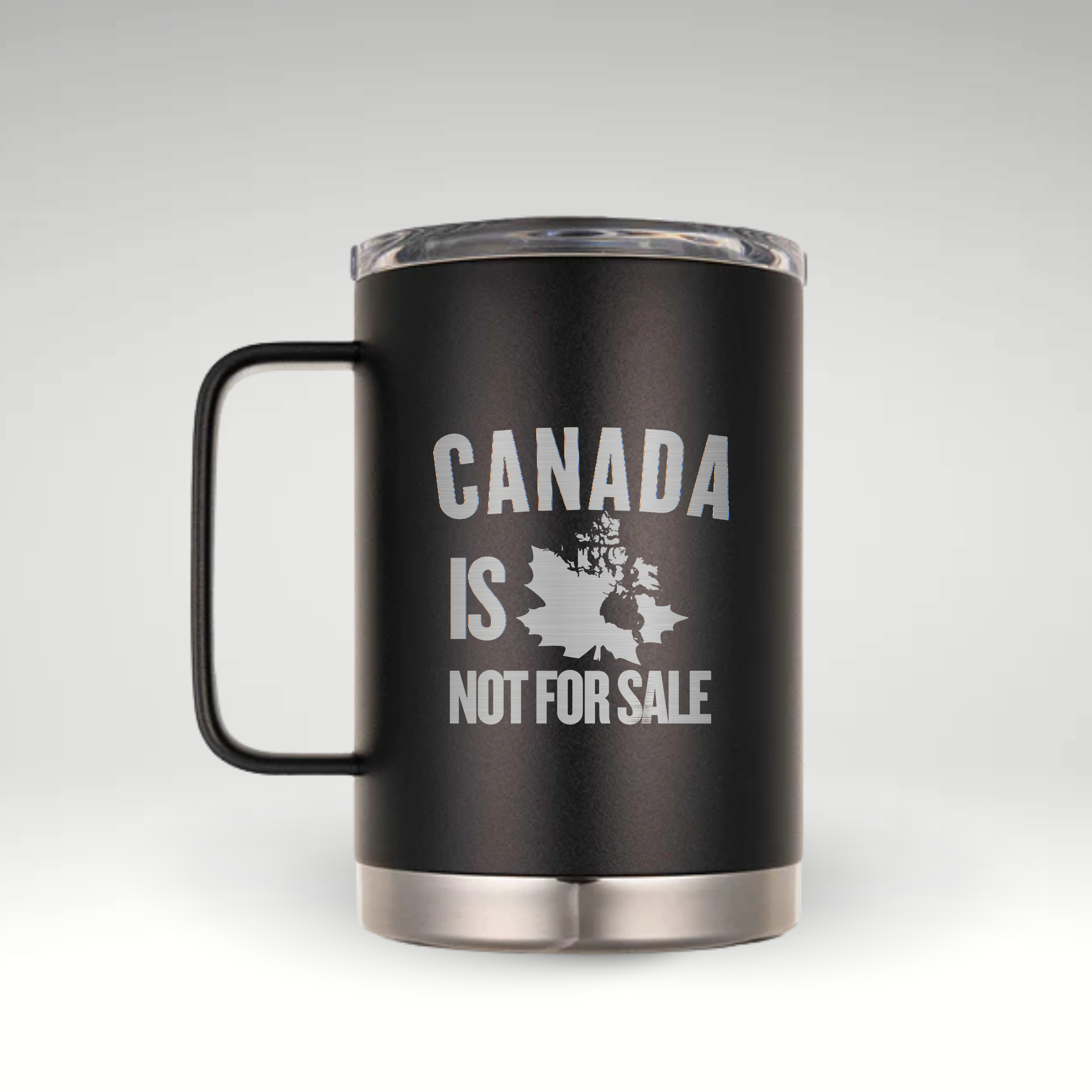 Canada Is Not For Sale Insulated Mug Black and white insulated mug with CANADA IS NOT FOR SALE text and Canada silhouette on a maple leaf.