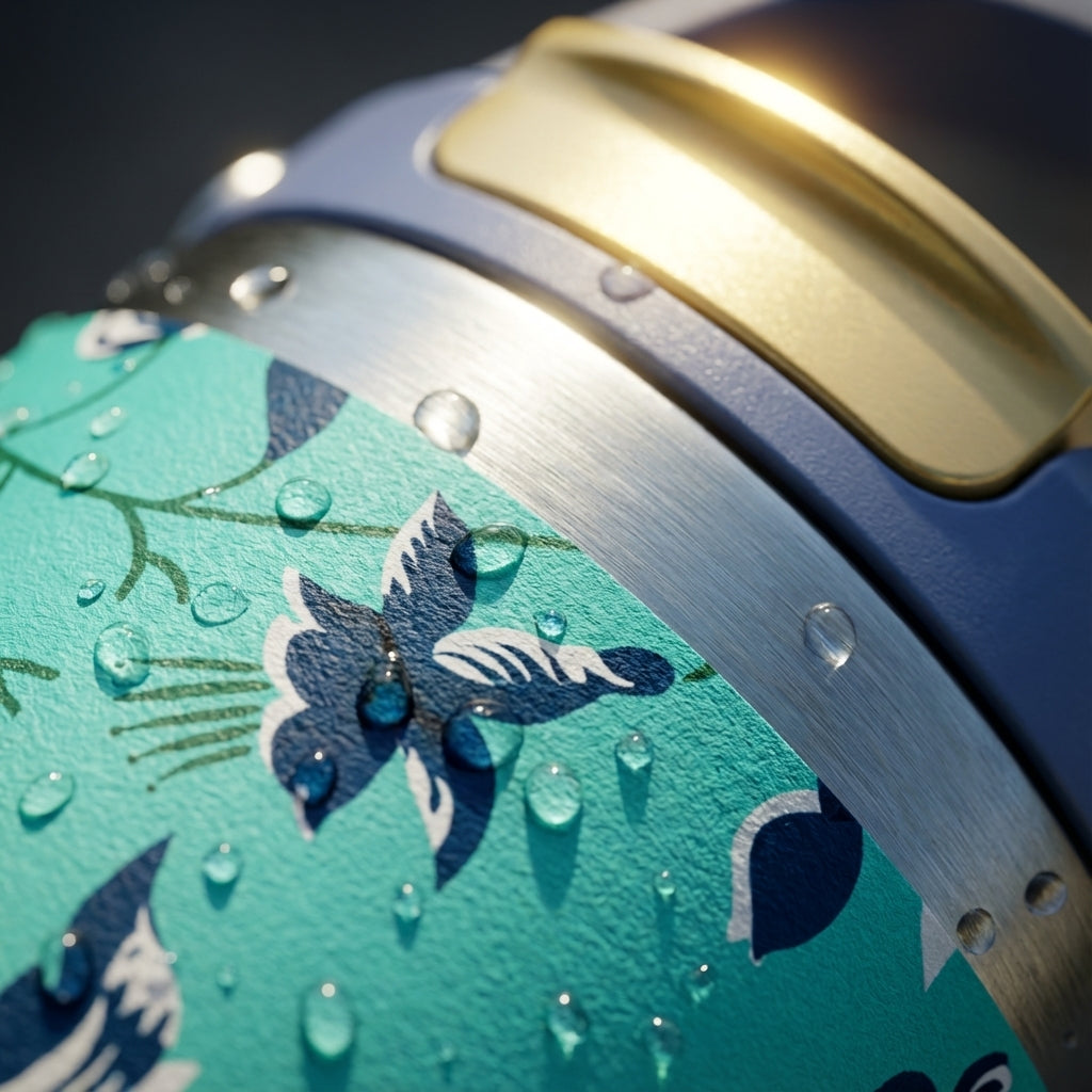 Detail shot - LAMOSE Cascade 40 oz stainless steel tumbler featuring a light teal background with dark blue and white floral pattern sitting on a wooden table in a sunlit room.
