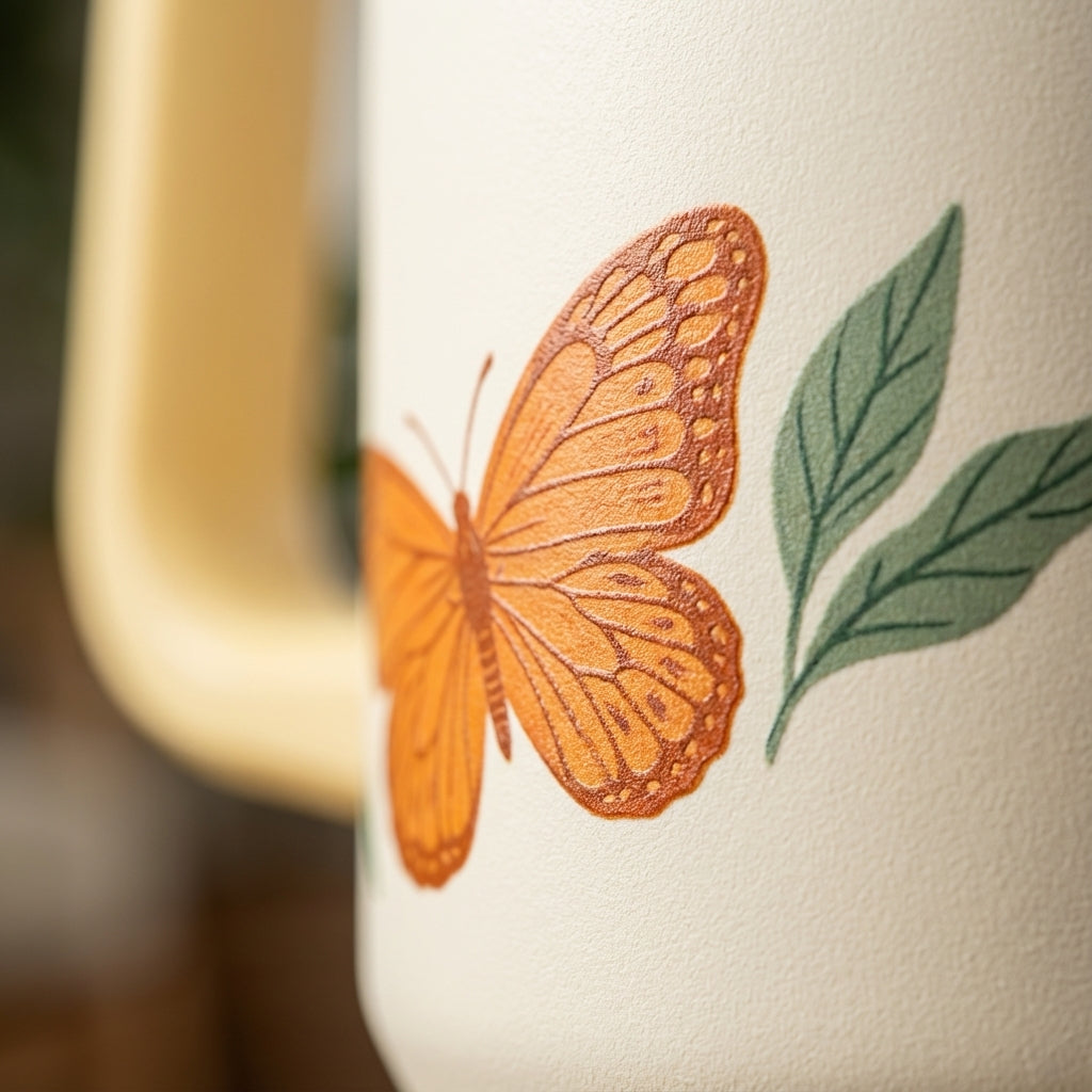 Detail shot - LAMOSE Cascade 40 oz tumbler in cream with orange and pink butterfly pattern and yellow handle standing on a wooden surface