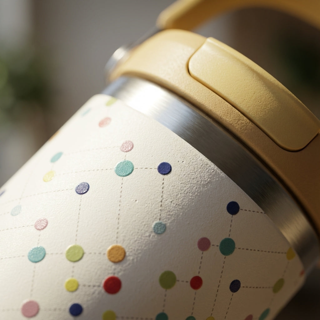 Detail shot - White 40 oz insulated tumbler with colorful connected dots pattern and yellow lid sitting on a modern minimalist desk with plants.