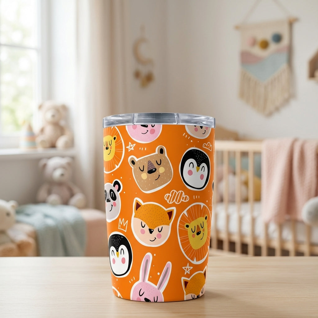 LAMOSE Logan Pro 16 oz tumbler featuring a bright orange background with cartoon lion, bear, fox, and panda faces.